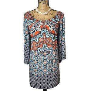 Womens Bohemian Tunic Top 2X 3/4 Sleeves Loose Fit Coquette Stretch Vibrant USA